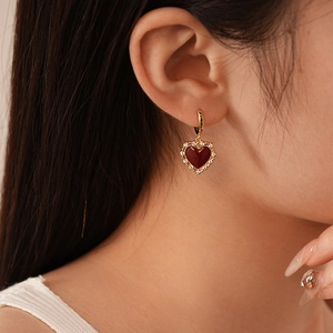 Vintage heart hoop earrings with red drip oil and zircon in high-end gold plating