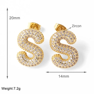 Macro view of gold-plated letter S earrings with zircon inlay and size dimensions