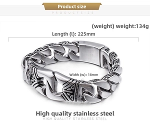 Macro detail of retro punk stainless steel bracelet showing 225mm length and 18mm width