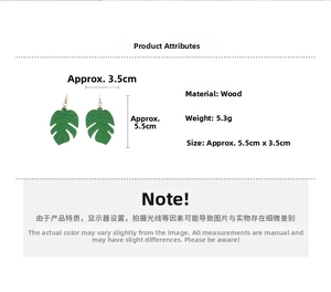 Detailed size and weight specs for green wooden monstera leaf drop earrings