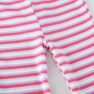 Rainbow striped ribbed knit leggings for toddler girls in pink, blue, and white colors