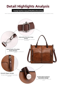 Detail view of smooth zipper and adjustable strap hardware on brown PU leather tote bag