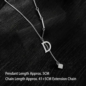 Detailed size view of silver letter D pendant necklace with 41+5cm chain length