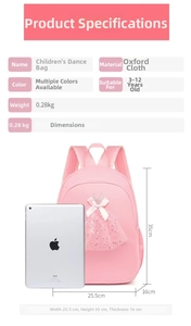 Pink ballet backpack for girls with mesh tutu detail shown beside an iPad for scale