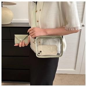 Detail of light green transparent jelly crossbody bag with adjustable wide fabric strap