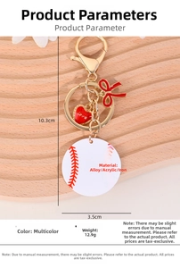 Detail view of baseball keychain with red bow, love heart pendant and dimensions