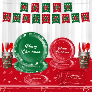 Christmas Disposable Tableware Set Red Green Striped Paper Plates Cups Napkins Banner Plastic Cutlery For Xmas Party Supplies