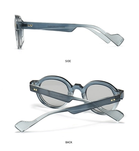 Side and back view of retro grey transparent polygon sunglasses with CE marking
