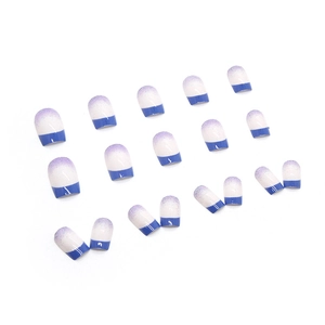 Klein blue French press-on nails with white and purple glitter gradient in square shape