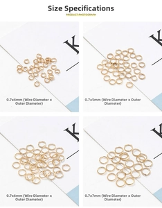 Detailed comparison of gold jump rings in four sizes: 4mm, 5mm, 6mm, and 7mm for DIY jewelry