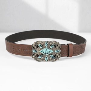 Men's brown leather belt featuring embossed patterns and a vintage turquoise buckle