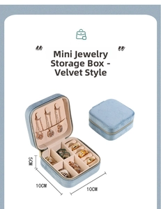 Internal layout of small light blue velvet jewelry box with size labels 10x10x5cm