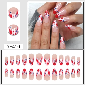 Red French almond press-on nails with white sun flower design, 24 pieces full set