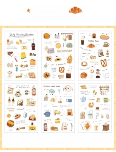 Detail of 6 waterproof PET sticker sheets featuring hand-drawn food and kitchen motifs