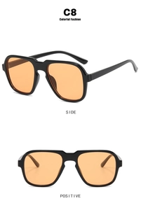 Front and side views of chunky black square frame sunglasses with orange lenses