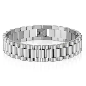 Close-up of polished stainless steel men's bracelet with classic presidential link design