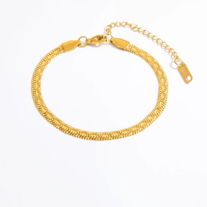 Close-up of 18k gold plated stainless steel snake chain bracelet with S.Steel hallmark tag