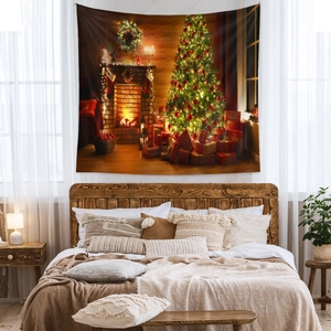 Detail of Christmas tapestry showing a warm fireplace and tree in a bedroom setting