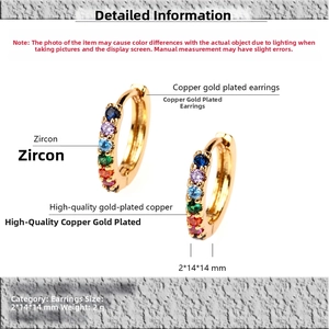 Detailed close-up of rainbow zircon small hoop earrings with 18K gold plated copper