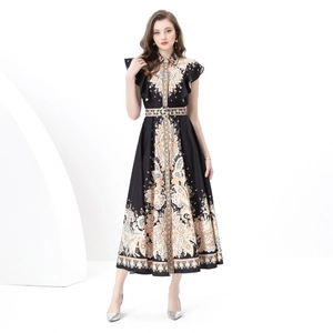 Vintage court style baroque floral maxi dress with winged sleeves and belted waistline