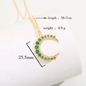 Elegant crescent moon necklace with green emerald zirconia and gold plated chain
