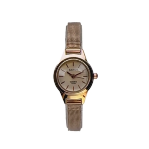 Elegant gold women's quartz watch featuring a polished round case and woven mesh band