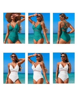 Detail of one-piece swimsuit featuring mesh patchwork and criss-cross back straps