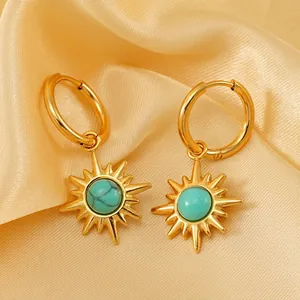 Sun Starburst Hoop Earrings 18K Gold Plated Stainless Steel With Turquoise Bohemian Retro Geometric For Women