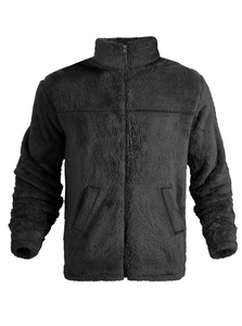 Detail of soft fleece fabric and high collar zipper on this men's winter jacket