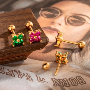 Titanium steel four-leaf clover stud earrings with colorful cubic zirconia and screw ball backs