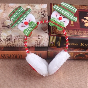 Detail of plush Christmas earmuffs featuring cute snowman characters and red striped band