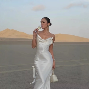Elegant white satin cowl neck backless maxi dress with thin straps for women