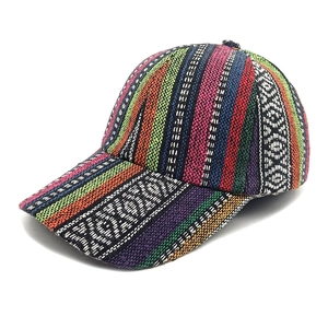 Close-up of ethnic bohemian stripe weave pattern and texture on a baseball cap
