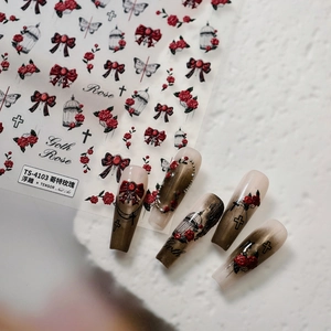 Gothic rose 3D embossed nail stickers with red flowers and black bows on long nails