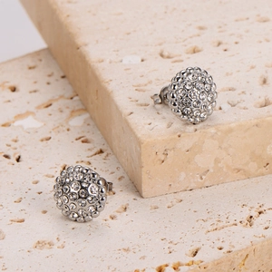 Classic silver-toned round stud earrings with pave-set sparkling crystals on stone base