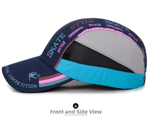 Detail of breathable mesh and skate-themed embroidery on a quick-dry baseball cap