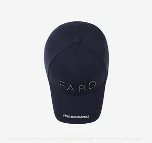 Top view of navy blue cotton baseball cap featuring FARD embroidery and curved brim detail