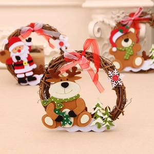 Three Christmas wooden rattan wreaths featuring Santa, Reindeer and Bear for door decor