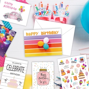 Lot de 100 cartes d'anniversaire avec enveloppes, lunettes de fête et autocollants