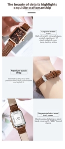 Detailansicht des rechteckigen Zifferblatts mit Roségold-Gehäuse und Lederarmband