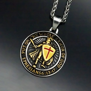 Retro stainless steel pendant necklace with golden knight and Ephesians 6:13-17 scripture