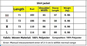 Detailed size chart for plaid loose shirt jacket showing length, bust, and sleeve measurements