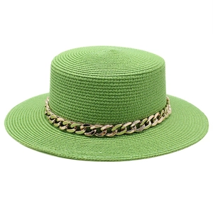 Flat top grass green straw boater hat for women with chunky gold metal chain link band