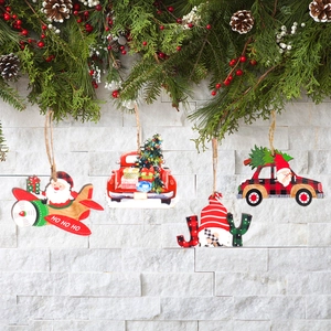 Set of 4 festive wooden Christmas tree hanging ornaments featuring Santa and gnome themes