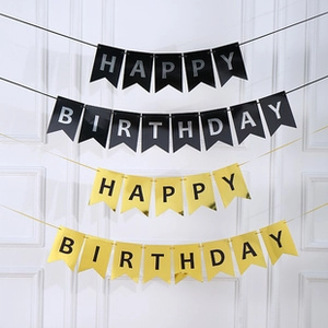 Detail of Happy Birthday banner sets in black with silver and gold with black foil letters