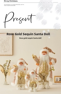 Close-up of three rose gold sequin Santa Claus figurines with detailed fabric and ornaments