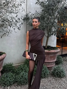 Asymmetric coffee brown ruched bodycon dress with one-sleeve design for women