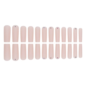 Matte nude pink long coffin press-on nails with 24 pieces and small rhinestone accents