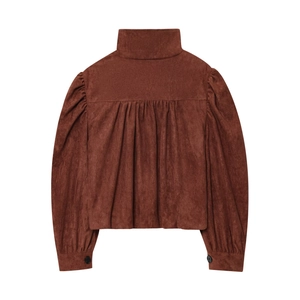Women's dark brown faux suede pleated jacket with high neck and buttoned cuffs