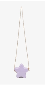 Detailed view of purple star-shaped PVC crossbody bag with golden chain strap